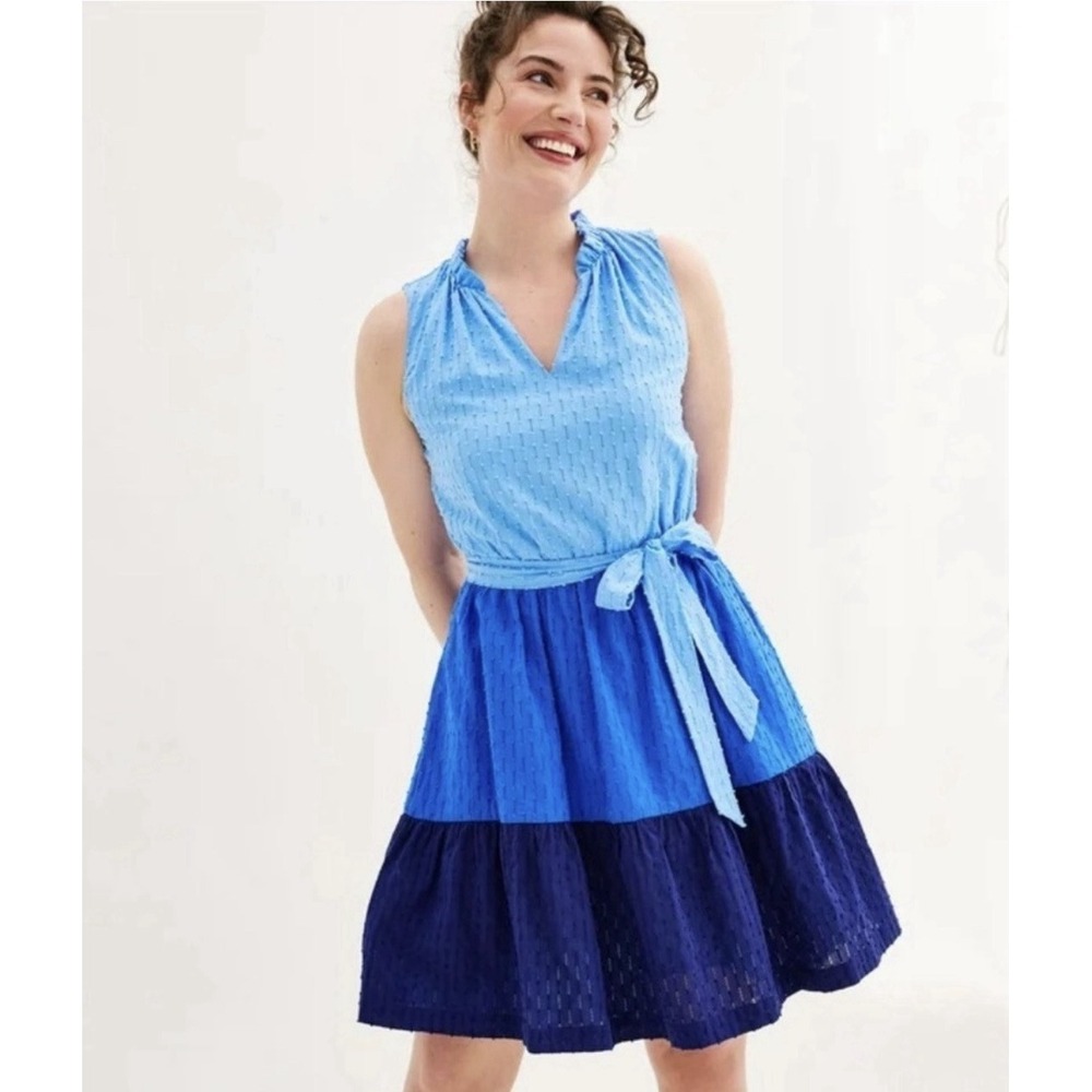 Women's S Draper James Ruffle Neck Tiered Blue Sleeveless Dress Casual Summer